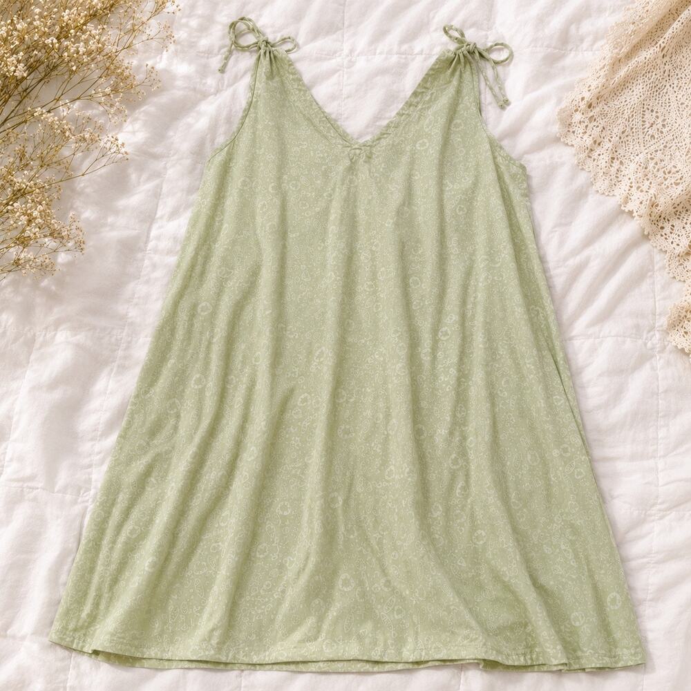 Vintage 1980s Pastel Green Cotton Slip Dress USA Made Tie Strap Cottagecore M